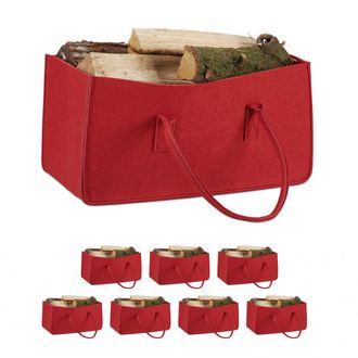 Relaxdays 8 Bolsas Para Le&ntilde;os Con Asas Largas, Fieltro, 25 X 25 X 50 Cm, Rojo