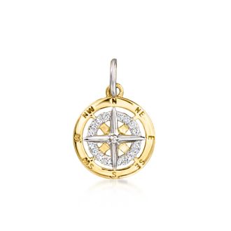 RS Pure by Ross-Simons Sterling Silver and 14kt Yellow Gold Compass Charm With Lab-Grown Diamonds