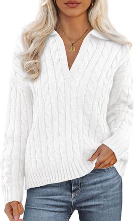 PrettyGarden Fall Cable Knit Oversized Sweaters for Women 2025 Polo V Neck Long Sleeve Casual Chunky Sweater Pullover Tops, White, M