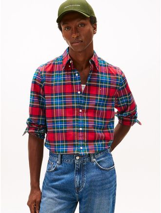 Tommy Hilfiger Mens Regular Fit Plaid Stretch Oxford Shirt - Primary Red - S