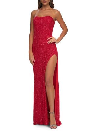 La Femme Beaded Lace Strapless Dress with Modified Sweetheart Neckline in Hot Coral at Nordstrom, Size 10