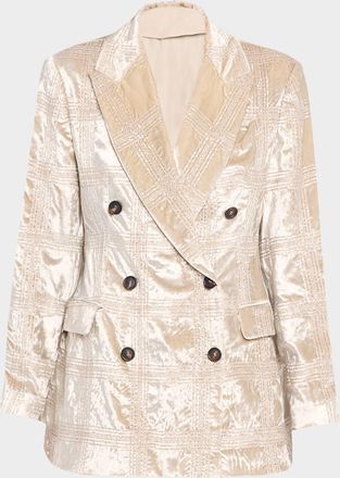 Brunello Cucinelli Pailette Prince Of Wales Shiny Velvet Double-Breasted Jacket