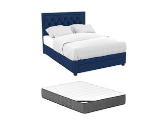Vente-Unique Cama con cajones 180 x 200 cm - Tela de terciopelo azul + Colch&oacute;n - LEOPOLD