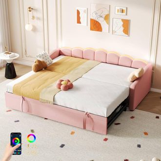Matteo Pink Velvet Petal Upholstered Daybed - RGB LED Single Bed with Trundle