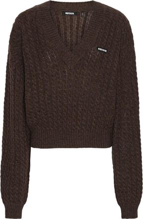 Rotate Cropped Cable-Knit Sweater with Deep V-Neck and Ribbed Edges