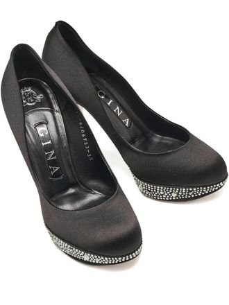 Gina Pre-Owned 115mm crystal-embellishment satin heeled pumps - Black