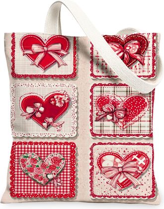 Generic ValentineS Day Heart Canvas Tote Bags, Floral Love Design Reusable Grocery Bags, Lightweight Washable Canvas for Travel Pi, Red, 13x15 Inch