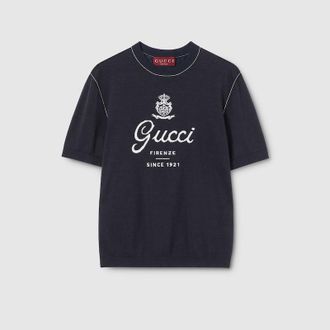 Gucci Knit Silk Linen T-shirt With Intarsia, Size XXXL, Blue, Ready-to-wear