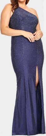 Faviana One Shoulder Hot Stone Dress In Navy