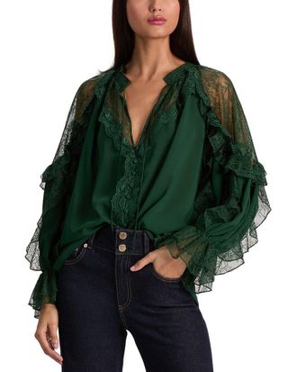 Alice & Olivia Alice + Olivia Aleena Lace Cold- Shoulder Tie-Front Blouse