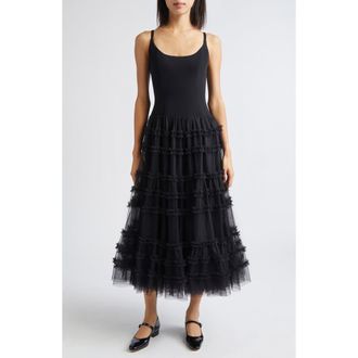 Cinq &agrave; Sept Zoella Ruffle Jersey & Mesh Dress in Black at Nordstrom Rack, Size 0