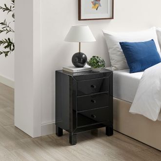 Furniturebox Lexi Large Wooden Bedside Table with 3 Drawers & a Modern Mirrored Finish in Black
