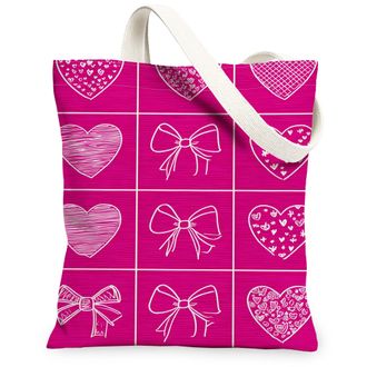 Generic Heart Pattern Canvas Tote Bags, Adorable Bow Design Reusable Grocery Bags, ValentineS Day Lightweight Washable Shoulder St, Peach, 13x15 Inch