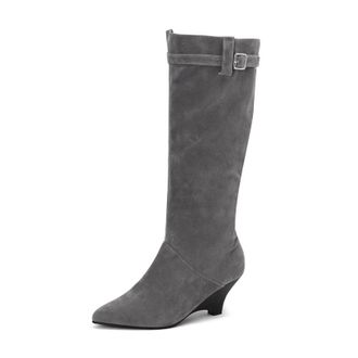 Generic Womens Wedge High Heel Long Boots Pointed Toe Knee High Boots with Side Zipper Faux Suede Western Boot with Buckle,Grey,9.5 UK