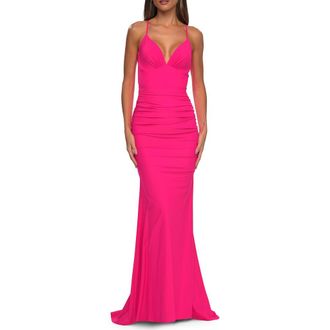 La Femme Simple Jersey Dress with Low Open Back and Ruched Zipper in Neon Pink at Nordstrom, Size 8