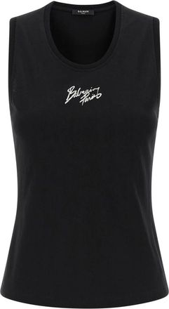 Balmain Sleeveless Tops, female, Black, L, Relaxed Tank Top with Brush Print