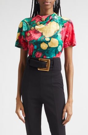 Balmain 4-Button Roses Print Stretch Velvet Top in Ulj Green/Multi at Nordstrom, Size 10 Us