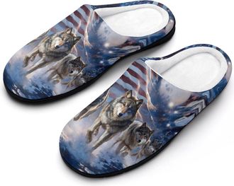 Generic Wolf U.S. Flag Moon Funny Mens Cotton Slippers Soft Non-Slip Rubber Sole House Slipper Indoor Outdoor