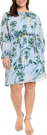London Times Tie Waist Long Sleeve Dress in Light Blue/Green at Nordstrom Rack, Size 1 X