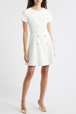Eliza J Button Detail Short Sleeve Fit & Flare Dress in Ivory at Nordstrom, Size 14