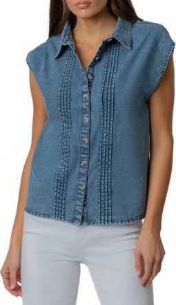 Kut from the Kloth Penelope Pintuck Cap Sleeve Denim Shirt In Blue