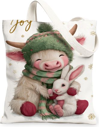 Generic Joyful Animal Canvas Tote Bags, Cow and Rabbit Design Reusable Grocery Bags, Winter Lightweight Washable Shoulder Strap Can, White, 13x15 Inch