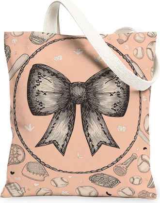 Generic Vintage Bow Canvas Tote Bags, Elegant Ribbon Design Reusable Grocery Bags, Lightweight Washable Shoulder Strap Canvas for T, Peach, 13x15 Inch