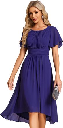 Ever-pretty Womens Chiffon Crew Neck Pleated Waist Short Sleeve Wedding Guest Dress Bridesmaids Sapphire Blue 10