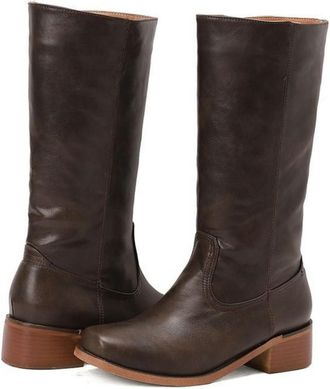 Generic Womens Closed Round Toe PU Leather Long Boots Chunky Heel Retro Boots Pull on Mid-Calf Boots,Brown,8.5 UK