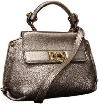 Ferragamo Gancini Metallic Pink Beige Leather Handbag Shoulder Bag Tote Bag (Pre-Owned)