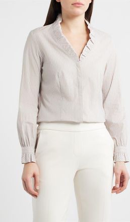 Anne Klein Ruffle Detail Stripe Cotton Button-Up Shirt in Light Porcini Multi at Nordstrom, Size Medium