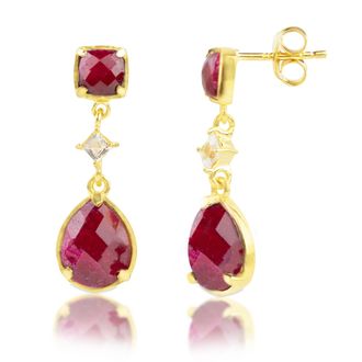 MAX + STONE 18K Gold Plated Genuine Gemstone 3 Stone Dangle Drop Earrings