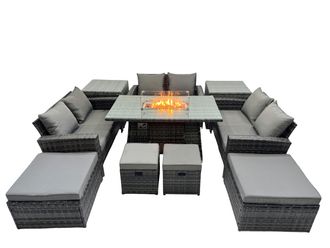 Fimous Outdoor Love Sofa Set &Gas Firpit Dining Table 4 Footstools in Dark Grey