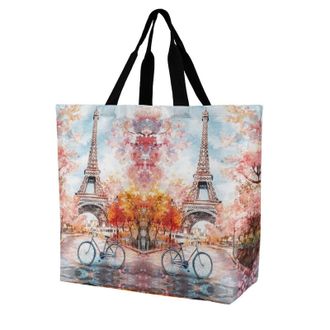 Generic Paris E-iffel Tower Watercolor Large Reusable Shopping Bag Lightweight Foldable Tote Bags Washable Shoulder Handbag