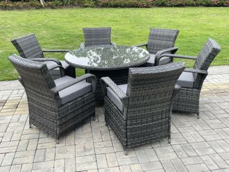 Fimous Outdoor Rattan Garden Furniture Dining Set Table & Chair Set Wicker Patio 6 Chairs Plus Round Table in Dark Grey