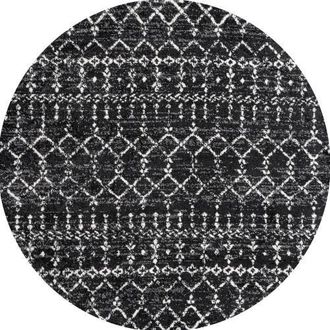 Jonathan Y Designs Moroccan HYPE Boho Vintage Diamond Round Area Rug in Black/ivory at Nordstrom, Size 4Ft 0In X 4Ft 0In