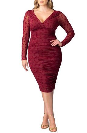 Kiyonna Betsey Ruched Elbow Sleeve Midi Bodycon Dress in Burgundy Flocked Florals at Nordstrom, Size 4X