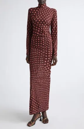 Stella McCartney Polka Dot Mesh Long Sleeve Ruched Maxi Dress in Burgundy/pink at Nordstrom, Size X-Small