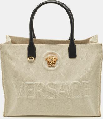Versace La Medusa Beige/black Canvas Tote