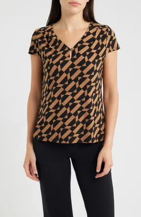 Anne Klein Geometric Cap Sleeve Pleat Neck Top in Anne Black/vicuna at Nordstrom, Size X-Large