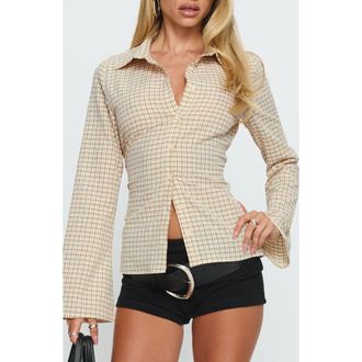 Princess Polly Eryx Check Tie Back Cotton Blend Button-Up Shirt in Apricot Check at Nordstrom, Size 12