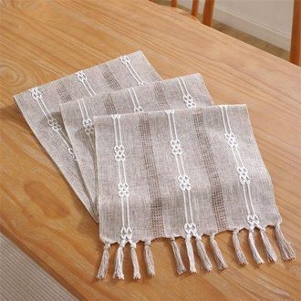 No Brand Camino De Mesa, Estilo Bohemio, Color Crema, Estilo R&uacute;stico, Con Borlas, Lavable, Decoraci&oacute;n Para Bodas, Peque&ntilde;o Jacquard De Doble Cara Color Caqui, 3