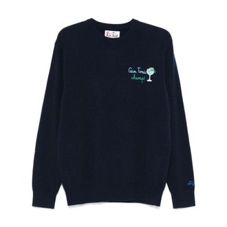 MC2 Saint Barth Round-neck Knitwear, male, Blue, Size: XL Navy Blue Knitted Sweater Embroidered Logo