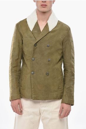 Greg Lauren Cotton Double-Breasted Jacket with Shearling Collar size M
