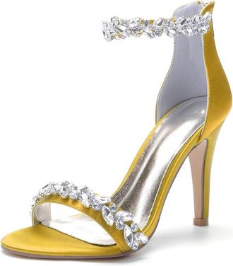 Generic Wedding Bridal Shoes Womens Heels Sandals Bridal Open Toe Heels Satin Stiletto High Heeled for Prom, Party, Daily Wear 10.5Cm,Yellow,10 UK