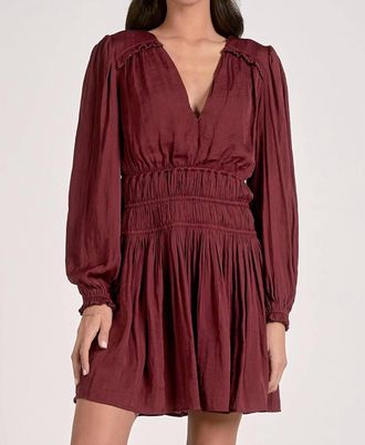 Elan V-Neck Long Sleeve Smocked Waist Dress In Plum