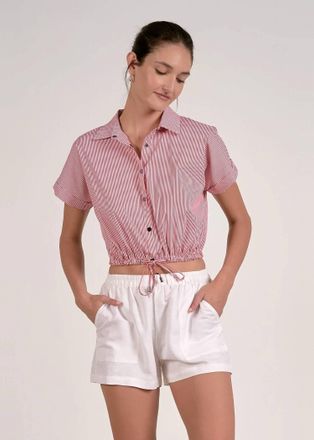 Elan Maren Striped Button Snap Top In Red Stripe