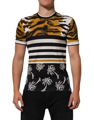 Dolce & Gabbana Multicolor Leopard Palm Leaf Men Crew Neck T-Shirt Cotton