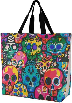 Generic Colorful Skulls Print Shoulder Bag Durable Handbag Lightweight Grocery Bags For Picnic Casual Yoga