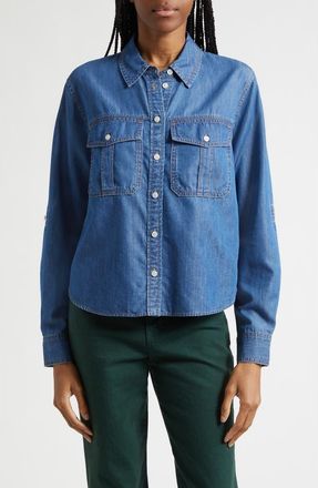 Veronica Beard Catriona Cotton Blend Button-Up Shirt in River Wind at Nordstrom, Size 12